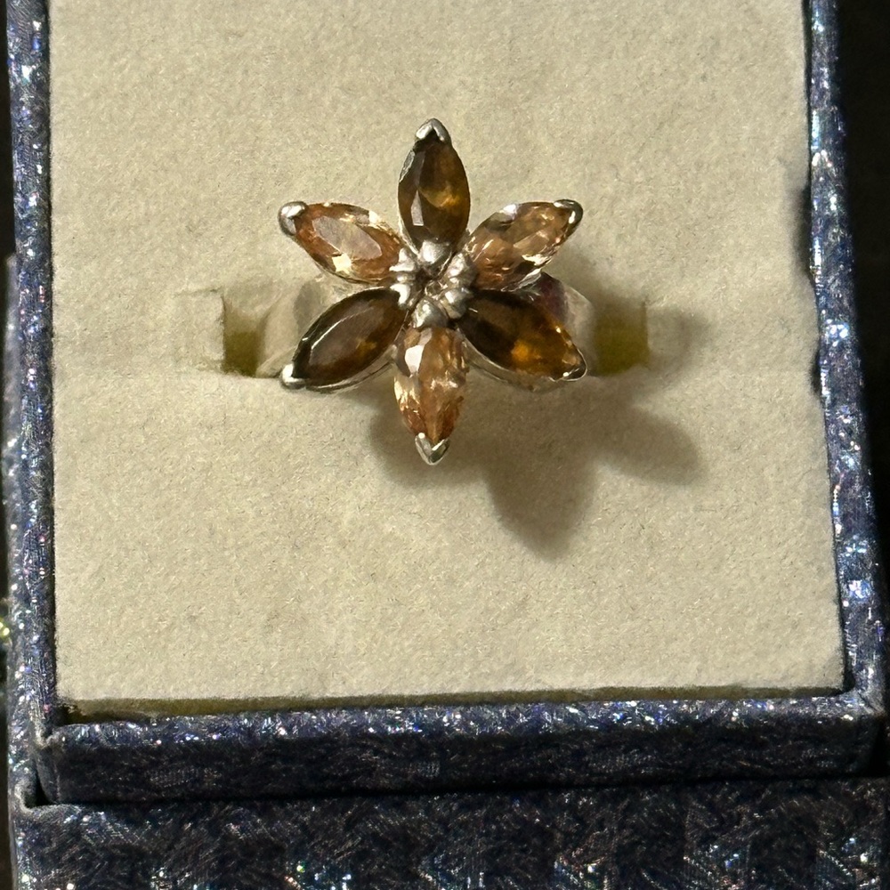 Elegant Floral Citrine and Smoky Quartz Sterling Silver ring